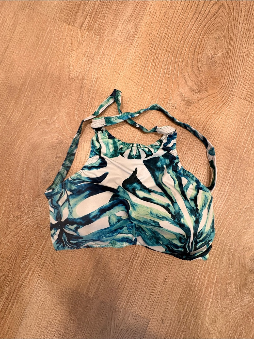 Green and Teal Leaf Print High Neck Bikini Top